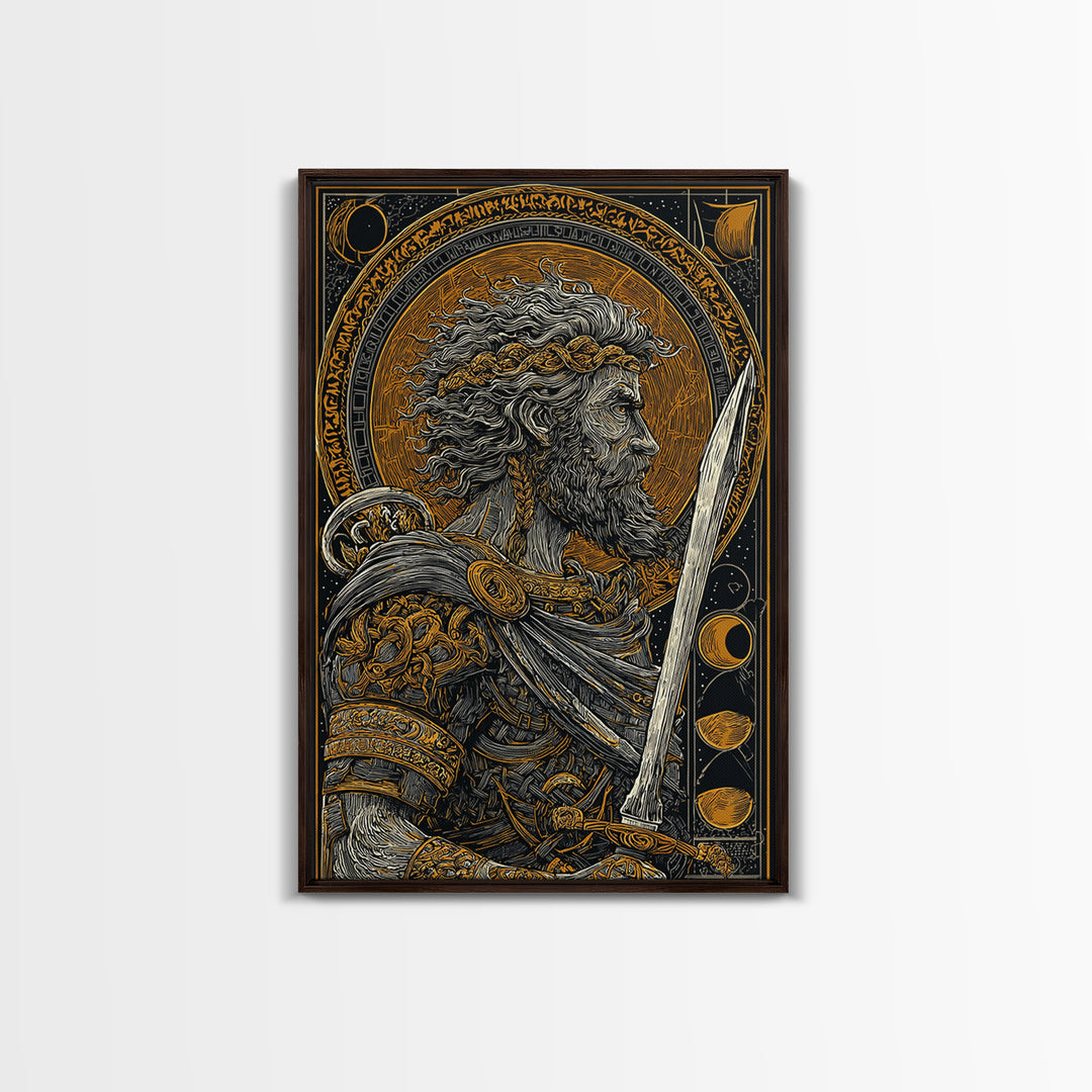 Warrior With Sword And Laurel, Canvas Gold Canvas Print, Greek Myth Wall Art, Heroic Decor, Real Wood Frame Epic Artwork