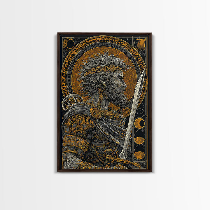 Warrior With Sword And Laurel, Canvas Gold Canvas Print, Greek Myth Wall Art, Heroic Decor, Real Wood Frame Epic Artwork
