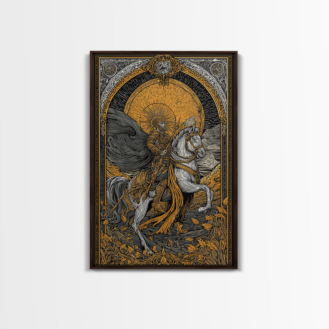 Knight On Horseback With Sun, Canvas Gold Canvas Print, Mythology Wall Art, Ancient Decor, Real Wood Frame Battle Artwork