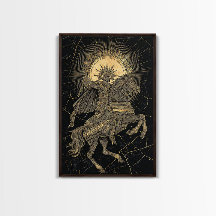 Heroic Warrior On Horseback, Canvas Gold Art, Ancient Soldier Wall Print, Mythology Decor, Real Wood Frame Epic Artwork