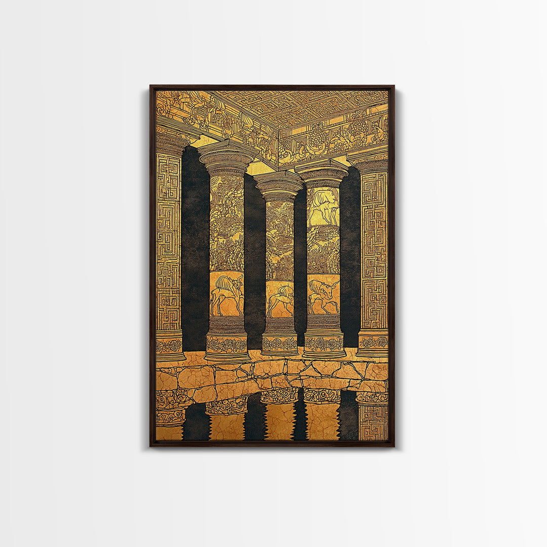 Ancient Greek Temple Columns, Canvas Gold Canvas Print, Classical Architecture Wall Art, Historic Decor, Real Wood Frame Artwork