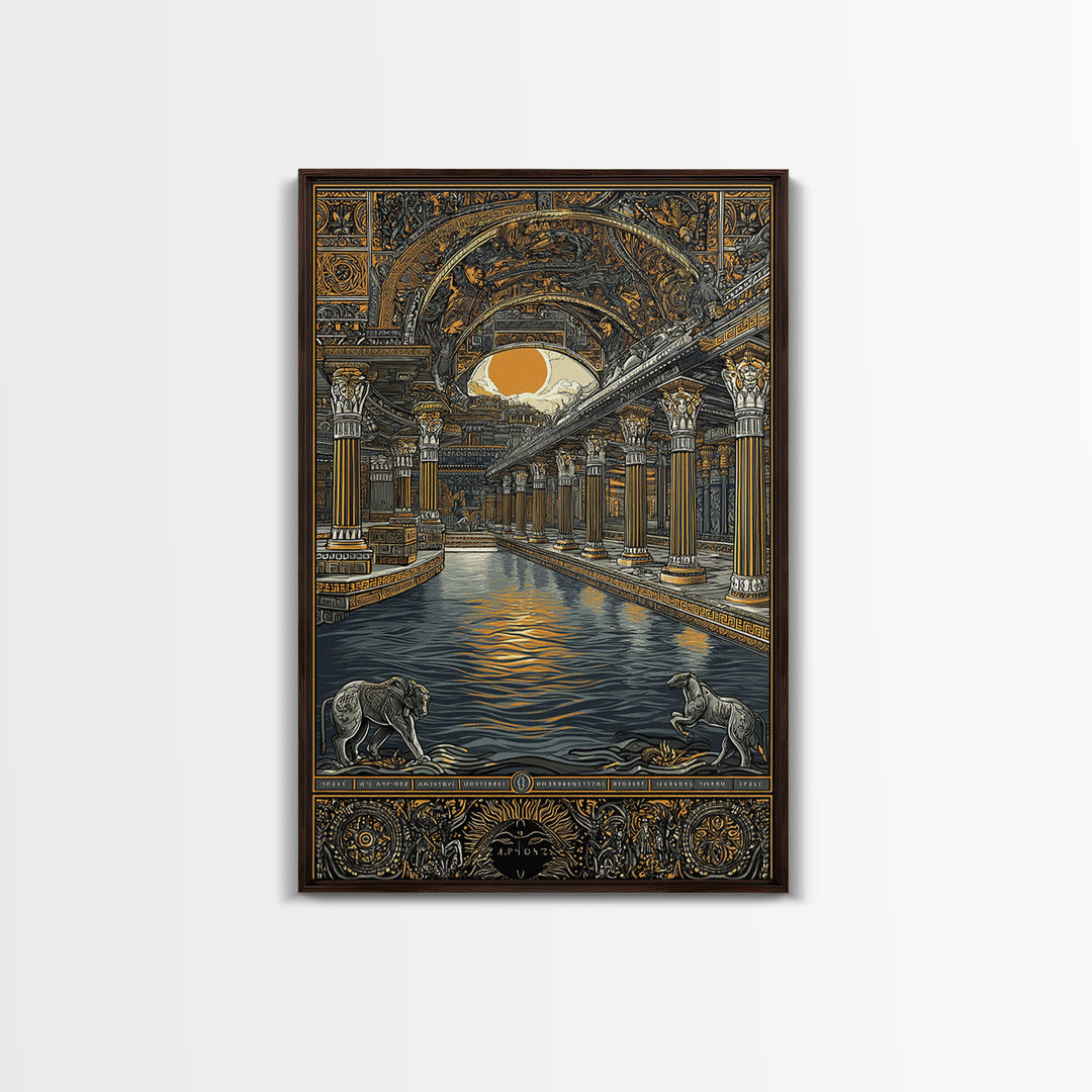 Ancient Temple Columns And Sun, Canvas Gold Canvas Print, Mythical Architecture Wall Art, Real Wood Framed Artwork