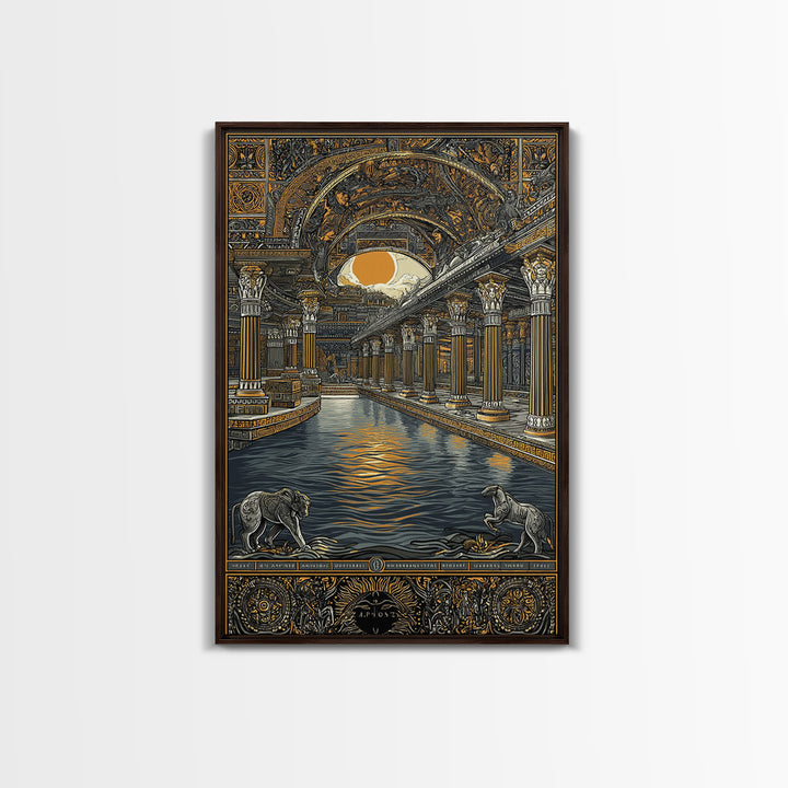 Ancient Temple Columns And Sun, Canvas Gold Canvas Print, Mythical Architecture Wall Art, Real Wood Framed Artwork