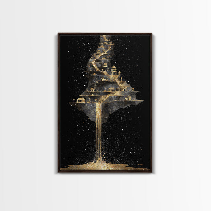 Floating Cosmic City Of Light, Canvas Gold Canvas Print, Fantasy Architecture Wall Art, Real Wood Framed Home Decor