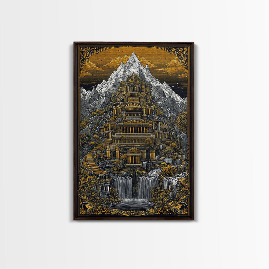 Mythical Mountain Palace With Waterfalls, Canvas Gold Canvas Print, Fantasy Landscape Art, Real Wood Framed Wall Decor