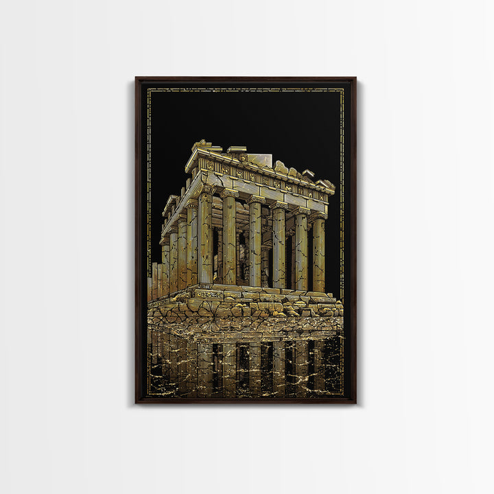 Ancient Ruins On Water Reflection, Canvas Gold Canvas Print, Classical Greek Architecture Wall Art, Real Wood Framed Art