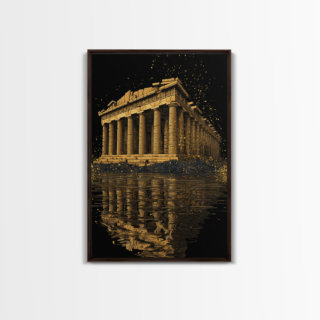 Parthenon Temple Reflection Shimmer, Canvas Gold Canvas Print, Ancient Greek Architecture Artwork, Real Wood Framed Decor