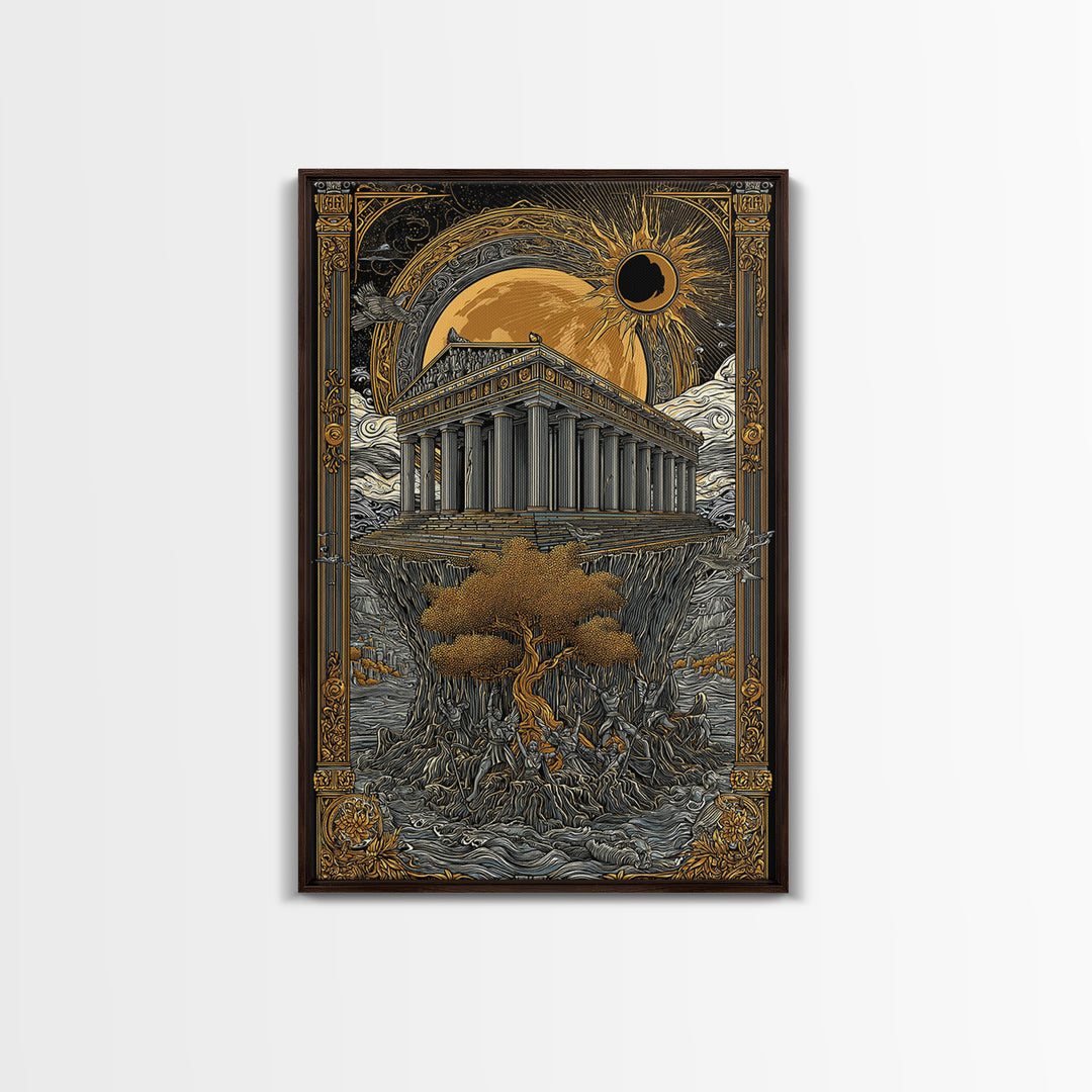 Temple Under Eclipse Sun And Stars, Canvas Gold Canvas Print, Mythical Fantasy Architecture Wall Art, Real Wood Framed Art