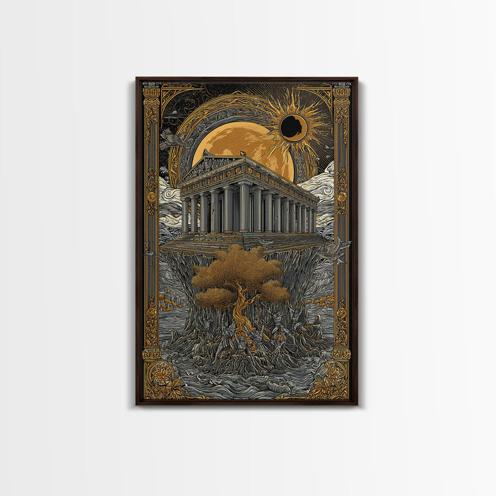 Temple Under Eclipse Sun And Stars, Canvas Gold Canvas Print, Mythical Fantasy Architecture Wall Art, Real Wood Framed Art