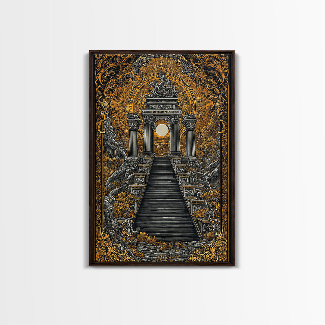 Grand Temple Archway And Stairs, Canvas Gold Canvas Print, Mythical Ancient Architecture Artwork, Real Wood Framed Decor