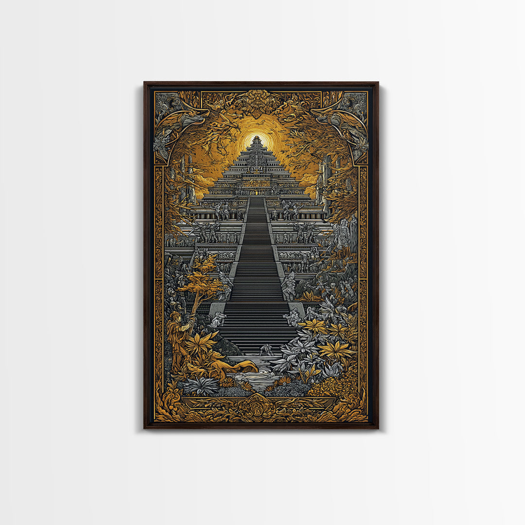 Mythical Ziggurat Sunlit Temple, Canvas Gold Canvas Print, Ancient Fantasy Architecture Wall Art, Real Wood Framed Artwork