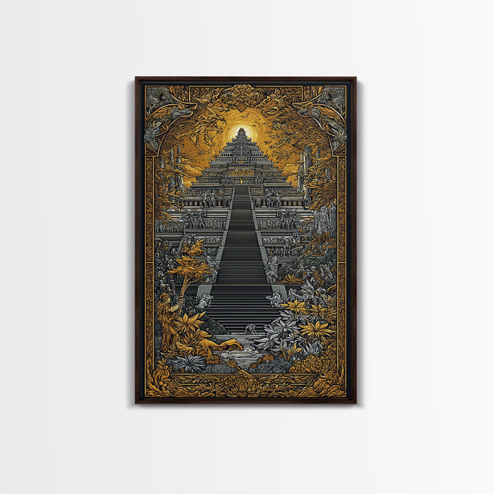 Mythical Ziggurat Sunlit Temple, Canvas Gold Canvas Print, Ancient Fantasy Architecture Wall Art, Real Wood Framed Artwork