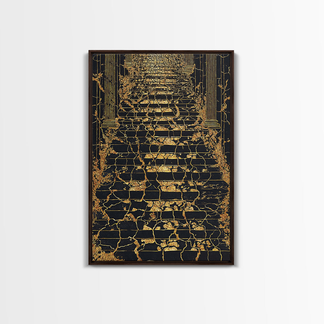 Cracked Marble Golden Stairway, Canvas Gold Art, Mythical Abstract Architecture Artwork, Real Wood Framed Wall Decor