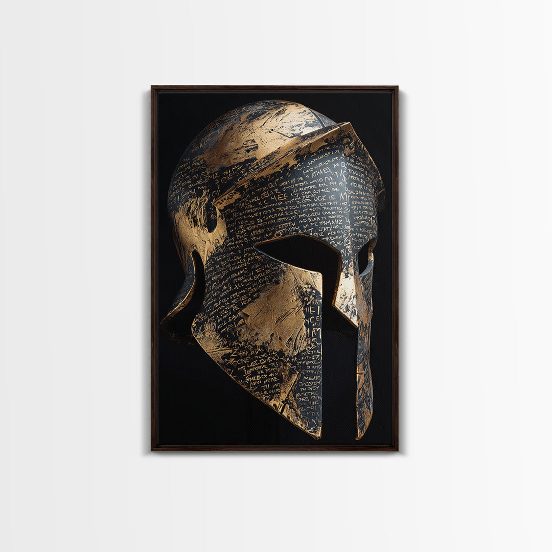 Heavily Ornamented Greek Helmet with Laurel Motif – Canvas Gold Art, Premium Framed Canvas Art with Real Wood, Heroic Wall Display