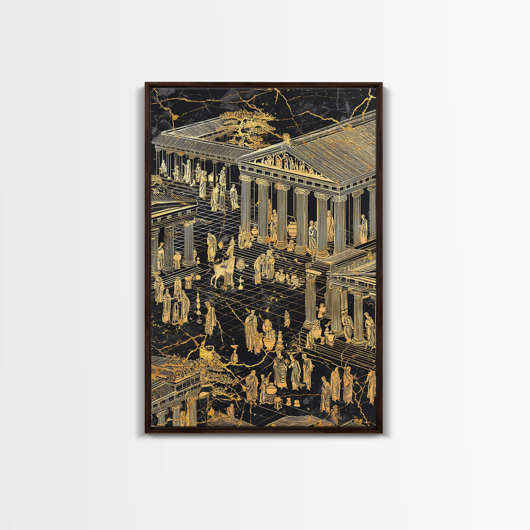 Ancient Marketplace With Temples, Canvas Gold Canvas Print, Classical Greek Architecture Wall Art, Real Wood Framed Decor