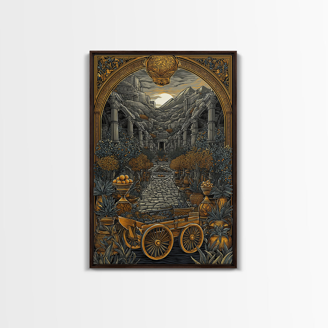 Ancient Courtyard With Columns And Citrus Trees, Canvas Gold Canvas Print, Mythical Garden Wall Art, Real Wood Framed Decor