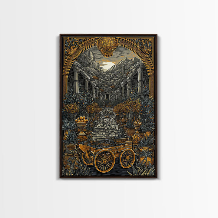 Ancient Courtyard With Columns And Citrus Trees, Canvas Gold Canvas Print, Mythical Garden Wall Art, Real Wood Framed Decor