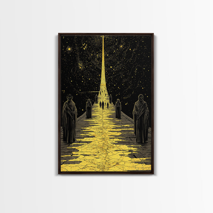 Celestial Path Of Golden Light, Canvas Gold Art, Mystical Night Sky Fantasy Print, Real Wood Framed Wall Artwork