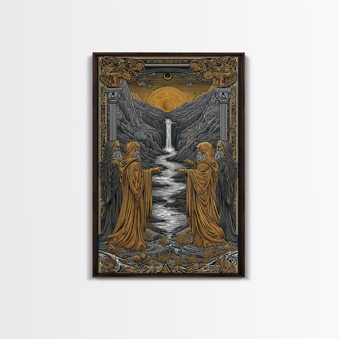 Golden Sun Over Waterfall Valley, Canvas Gold Canvas Print, Mythical Landscape Fantasy Art, Real Wood Framed Wall Decor