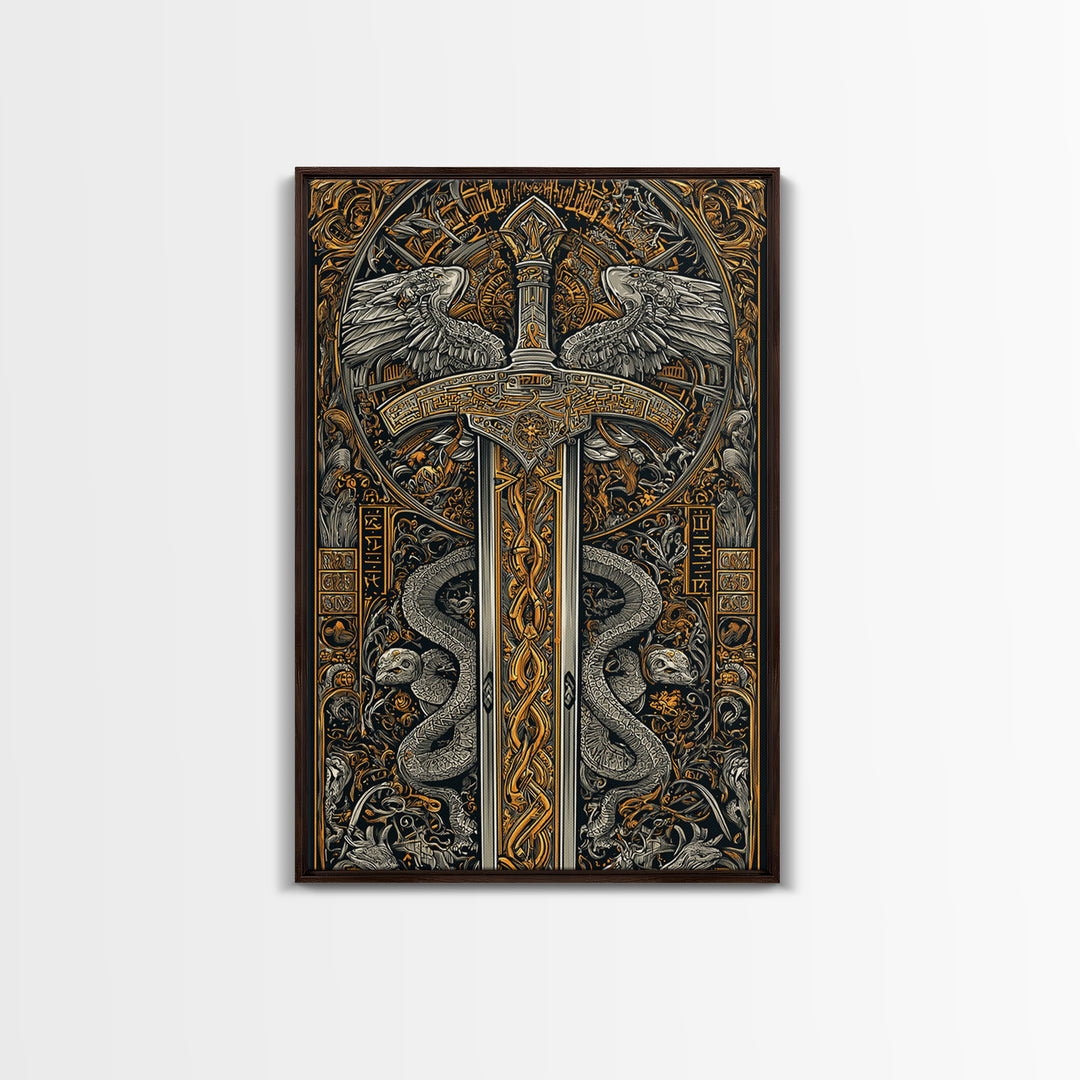 Ornate Sword With Serpents And Wings, Canvas Gold Canvas Print, Medieval Fantasy Wall Art, Real Wood Framed Artwork