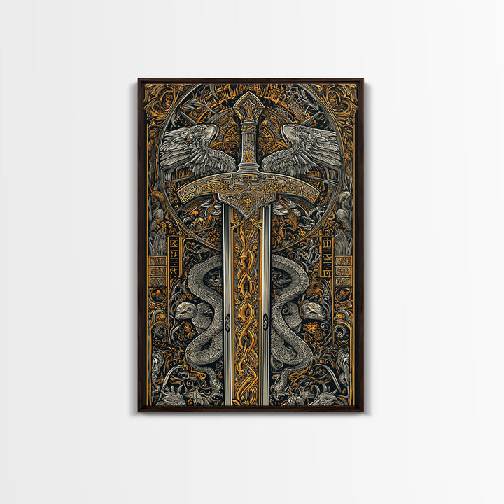 Ornate Sword With Serpents And Wings, Canvas Gold Canvas Print, Medieval Fantasy Wall Art, Real Wood Framed Artwork