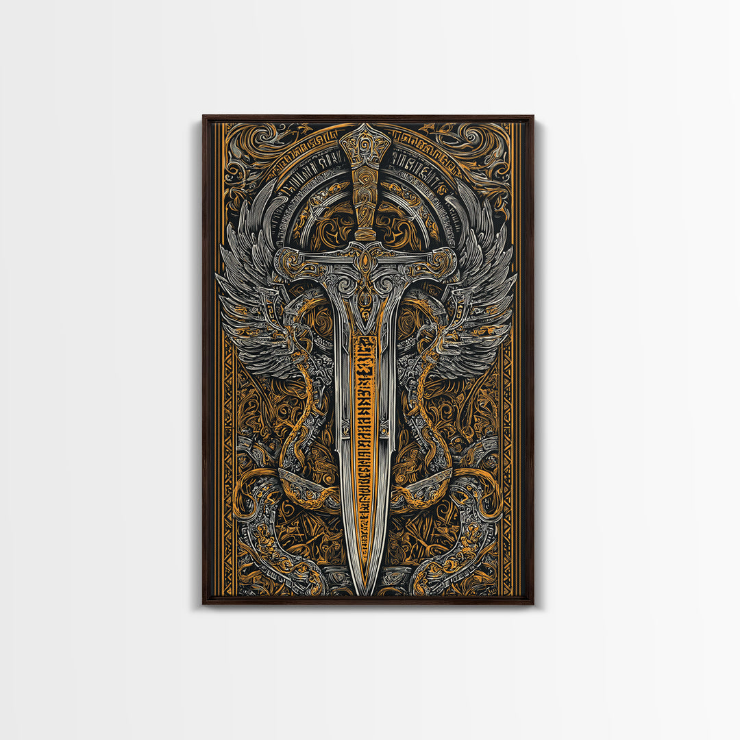 Winged Sword Surrounded By Dragons, Canvas Gold Art, Medieval Fantasy Canvas Print, Real Wood Framed Mythical Decor