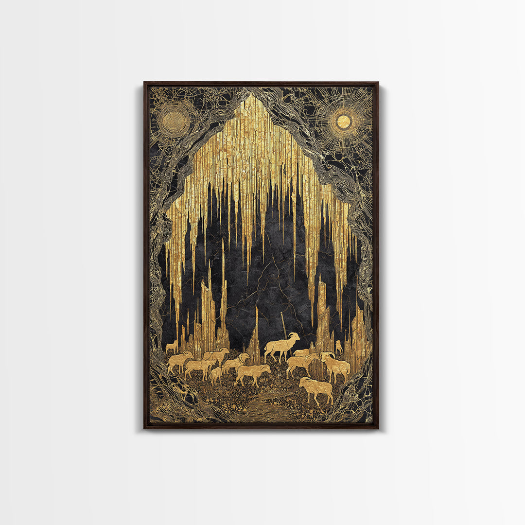 Golden Cave With Mountain Goats, Canvas Gold Canvas Print, Mythical Nature Landscape Art, Real Wood Framed Wall Decor