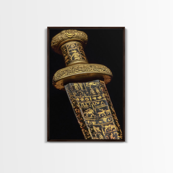 Ancient Sword With Etched Symbols, Canvas Gold Canvas Print, Mystical Weaponry Wall Art, Real Wood Framed Artwork