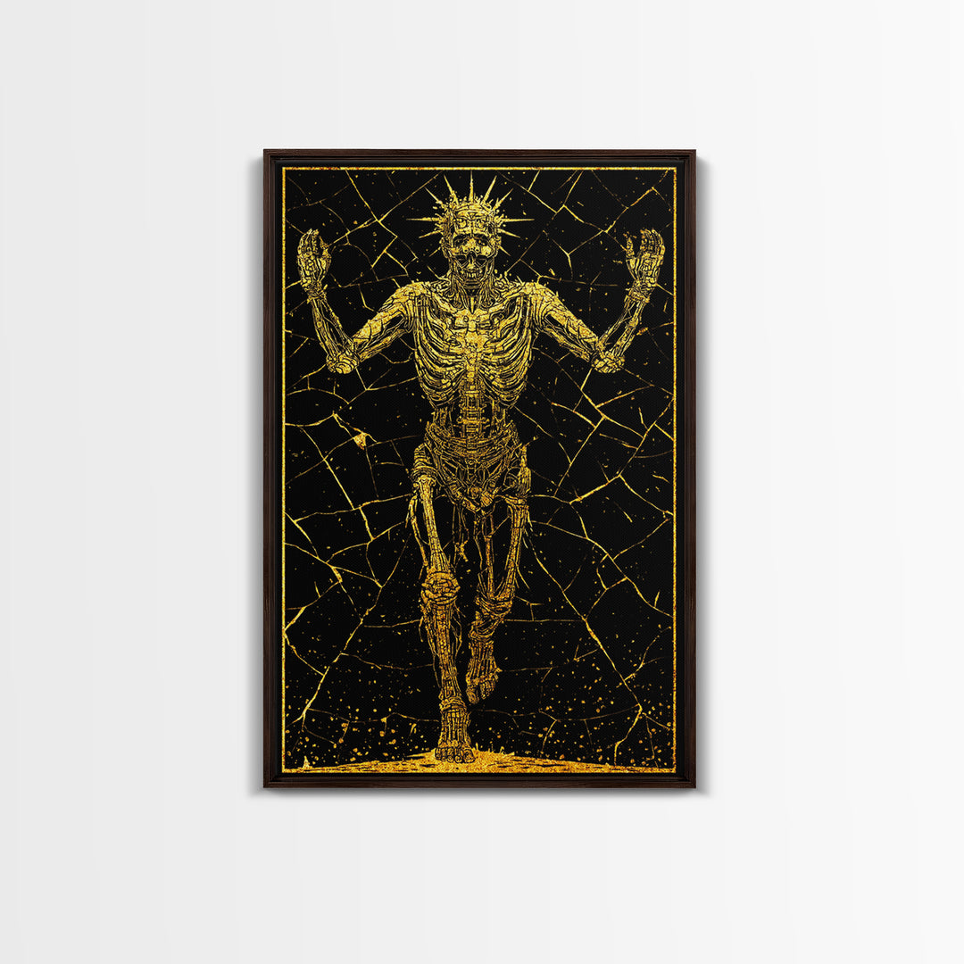Golden Skeleton With Radiant Crown, Canvas Gold Art, Mythical Dark Fantasy Wall Print, Real Wood Framed Decor