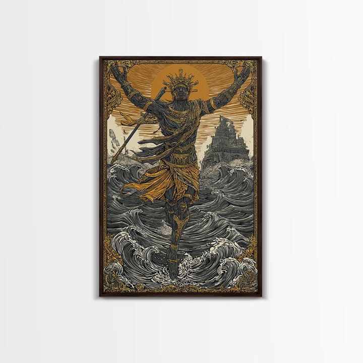 Sea God Statue Rising From Waves, Canvas Gold Canvas Print, Mythical Ocean Fantasy Wall Art, Real Wood Framed Decor