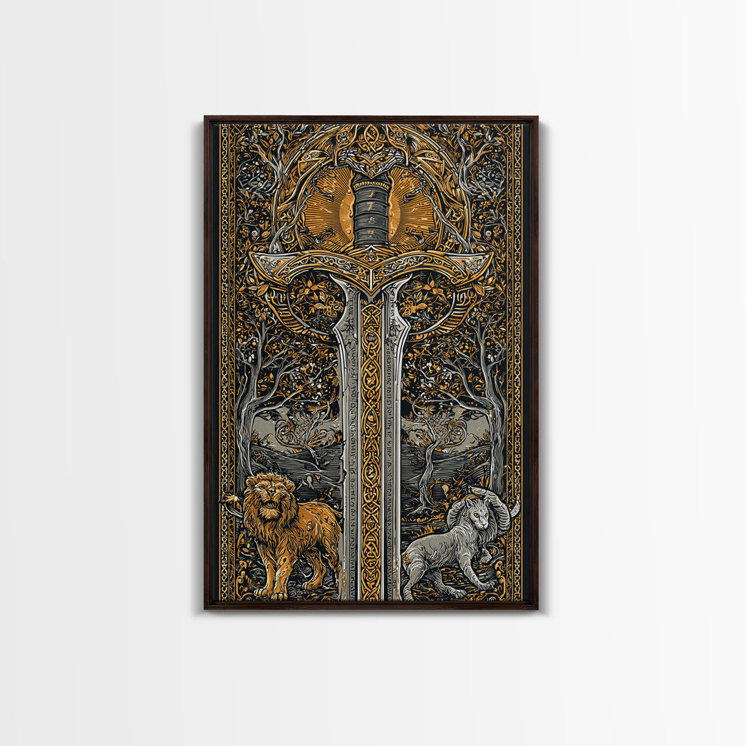 Sword With Lion And Ram Guardians, Canvas Gold Canvas Print, Mythical Medieval Wall Art, Real Wood Framed Fantasy Decor