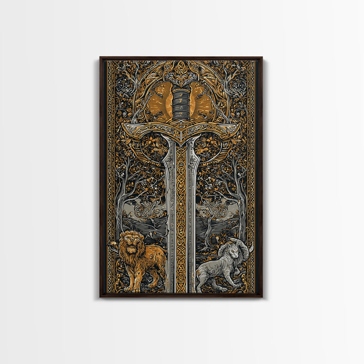 Sword With Lion And Ram Guardians, Canvas Gold Canvas Print, Mythical Medieval Wall Art, Real Wood Framed Fantasy Decor