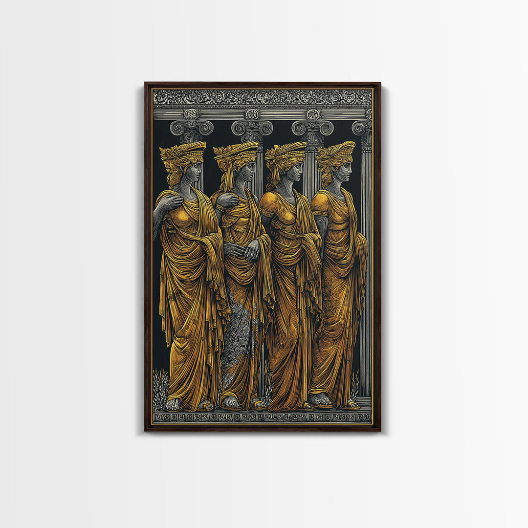Ancient Greek Caryatids Canvas Gold Canvas Print, Classical Architecture Wall Art, Real Wood Frame Home Decor