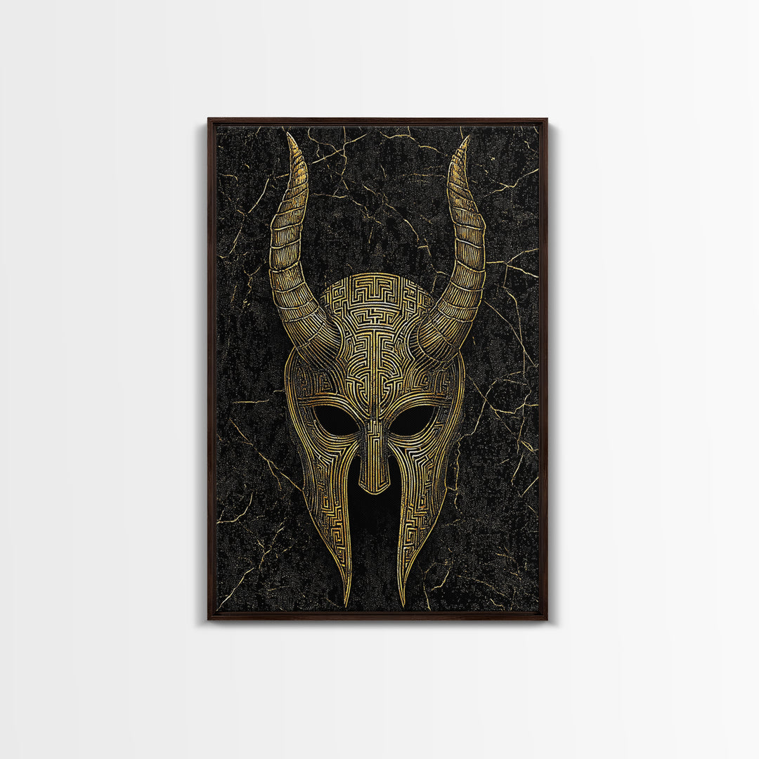 Horned Spartan Helmet Canvas Gold Art, Mythology Warrior Canvas Print, Real Wood Frame Greek Wall Decor