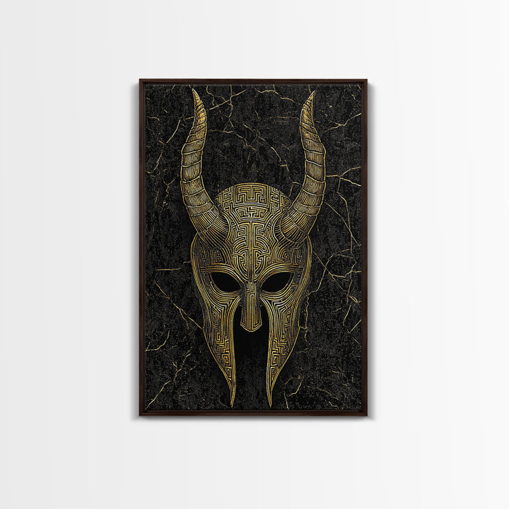 Horned Spartan Helmet Canvas Gold Art, Mythology Warrior Canvas Print, Real Wood Frame Greek Wall Decor