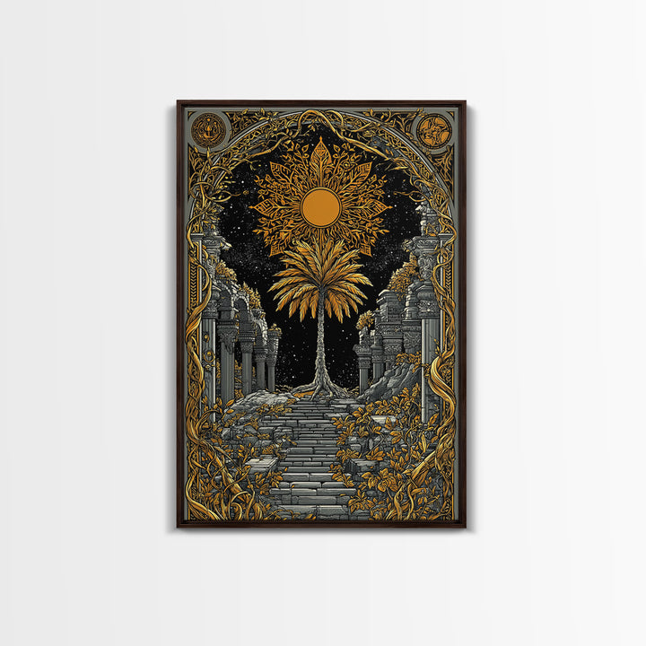 Golden Sun And Palm Canvas Gold Canvas Print, Mythical Ruins Wall Art, Real Wood Frame Ancient Greece Decor