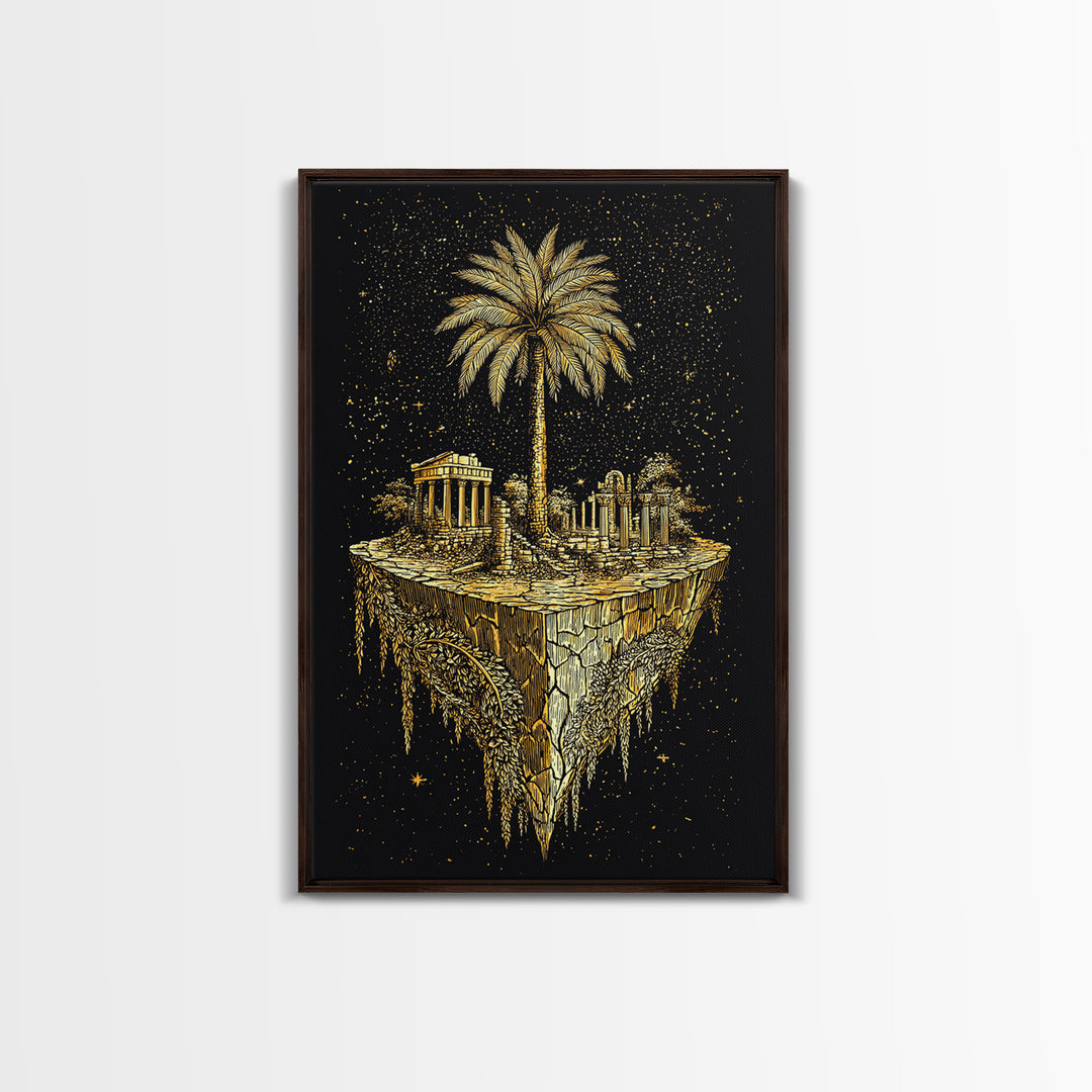 Floating Island Ruins Canvas Gold Art, Ancient Greek Temple Canvas Print, Real Wood Frame Mythology Decor