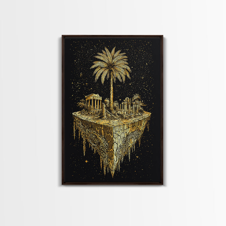 Floating Island Ruins Canvas Gold Art, Ancient Greek Temple Canvas Print, Real Wood Frame Mythology Decor