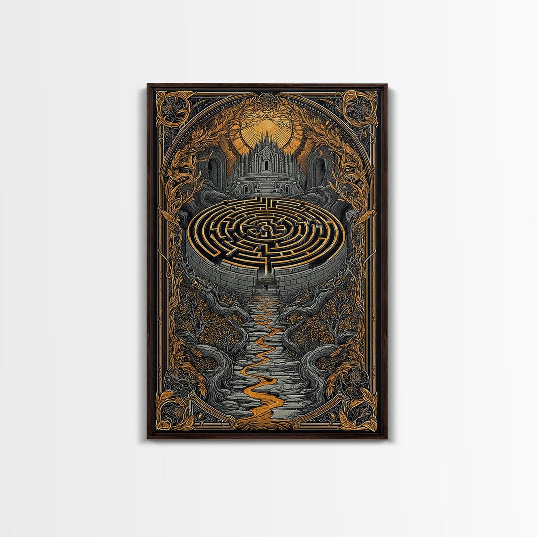 Labyrinth Path Canvas Gold Canvas Print, Ancient Maze Wall Art, Real Wood Frame Mythology Inspired Decor
