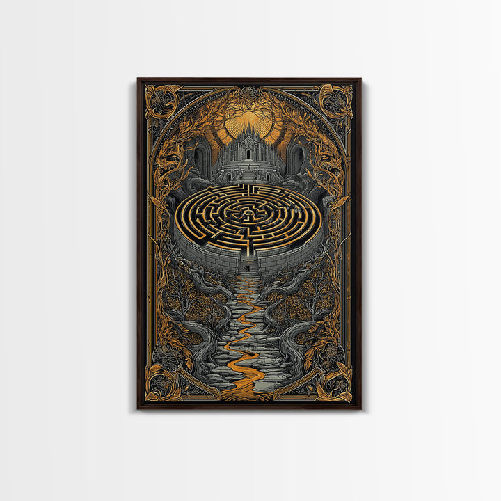 Labyrinth Path Canvas Gold Canvas Print, Ancient Maze Wall Art, Real Wood Frame Mythology Inspired Decor
