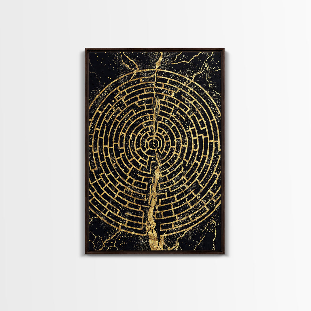 Circular Labyrinth Canvas Gold Art, Ancient Greek Maze Canvas Print, Real Wood Frame Mythology Wall Decor