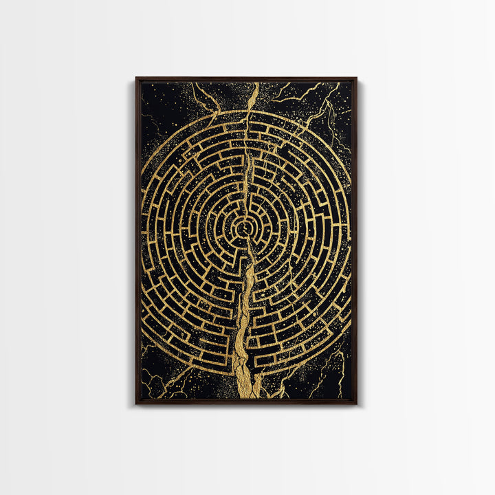 Circular Labyrinth Canvas Gold Art, Ancient Greek Maze Canvas Print, Real Wood Frame Mythology Wall Decor