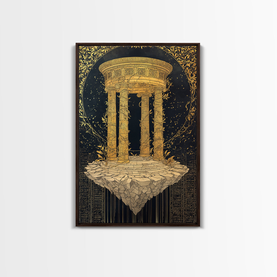 Floating Temple Canvas Gold Canvas Print, Classical Architecture Art, Real Wood Frame Ancient Greece Decor