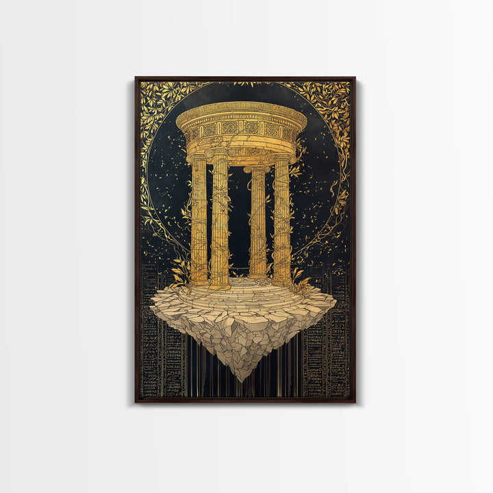 Floating Temple Canvas Gold Canvas Print, Classical Architecture Art, Real Wood Frame Ancient Greece Decor