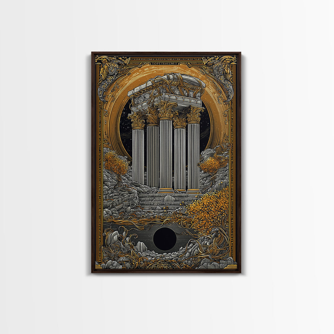 Ancient Greek Columns Canvas Gold Art, Ruins Wall Decor Canvas Print, Real Wood Frame Classical Architecture