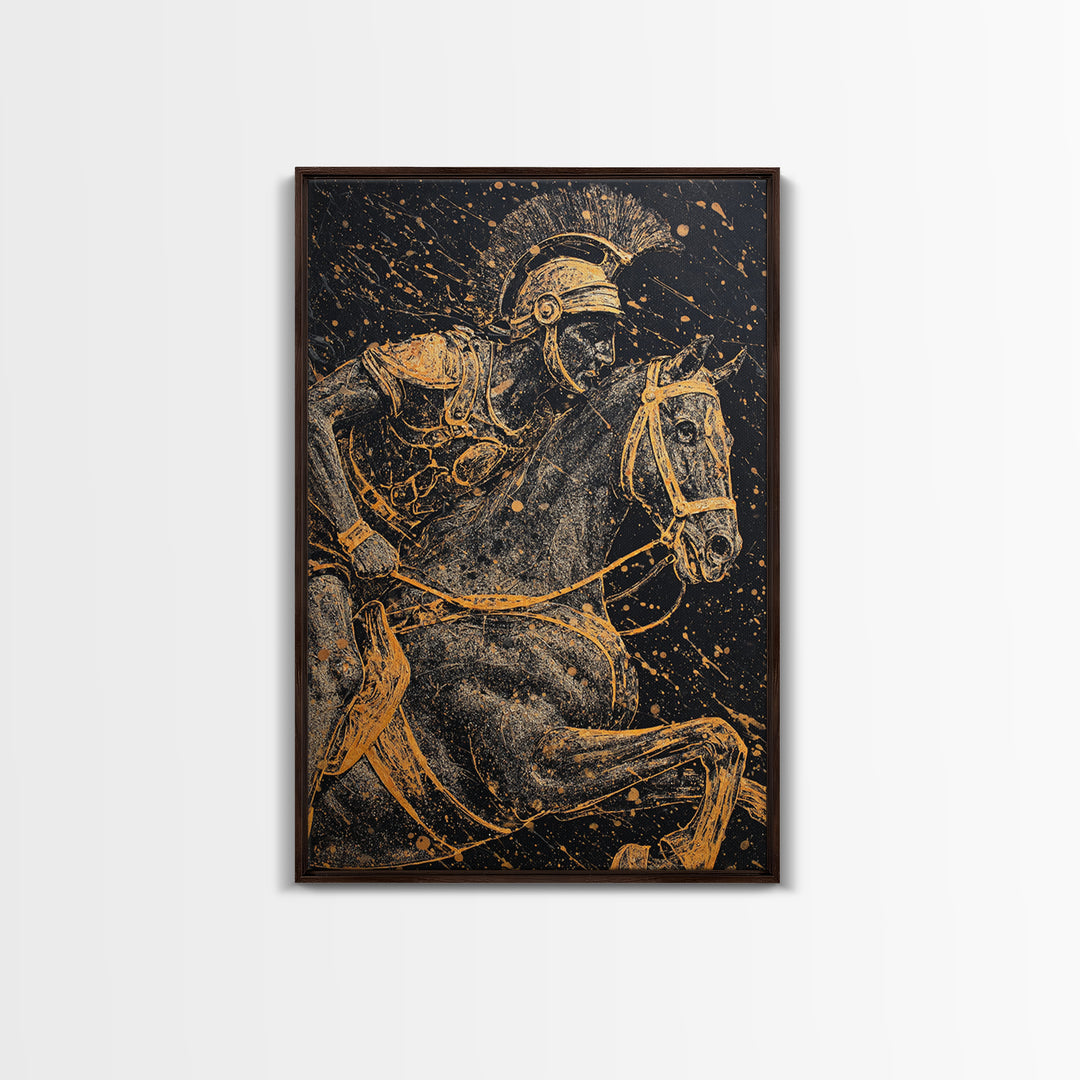 Spartan Horseback Warrior in Motion – Canvas Gold Art, Splatter Style Canvas Art, Ancient Greek Military Wall Decor