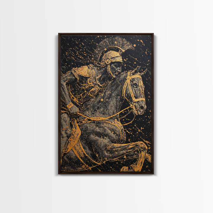 Spartan Horseback Warrior in Motion – Canvas Gold Art, Splatter Style Canvas Art, Ancient Greek Military Wall Decor