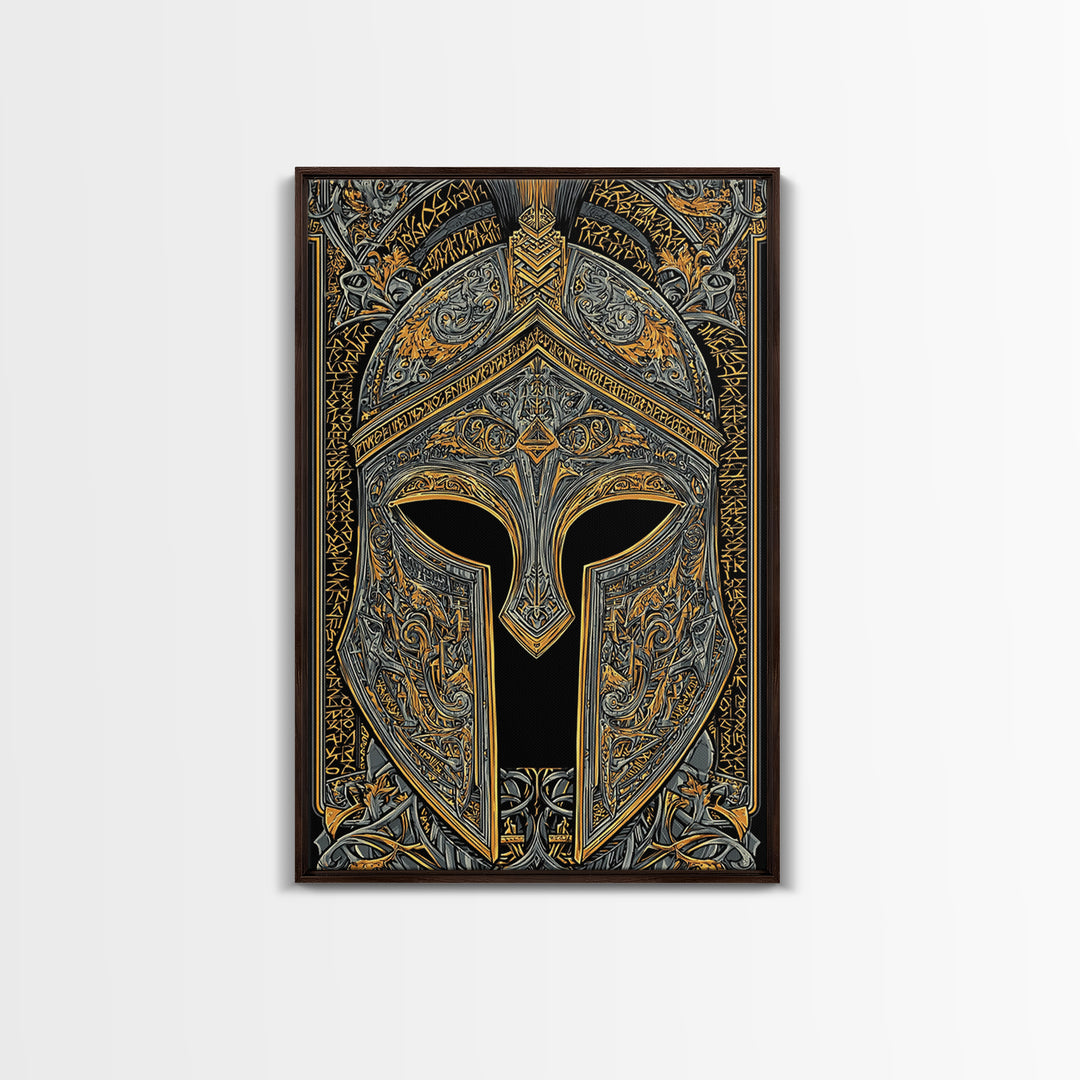 Runic-Inspired Spartan Helmet in Regal Filigree – Canvas Gold Art, Real Wood Framed Canvas Art, Ancient Warrior Wall Feature