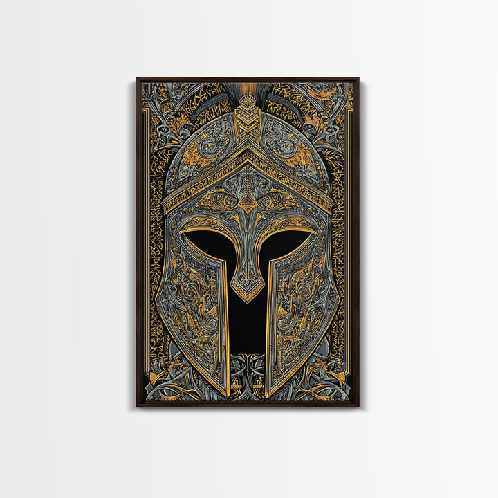 Runic-Inspired Spartan Helmet in Regal Filigree – Canvas Gold Art, Real Wood Framed Canvas Art, Ancient Warrior Wall Feature