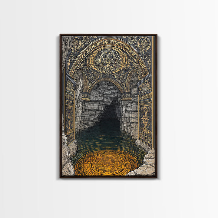 Golden Cave Entrance Canvas Gold Canvas Print, Mythology Inspired Wall Art, Real Wood Frame Ancient Greece Decor